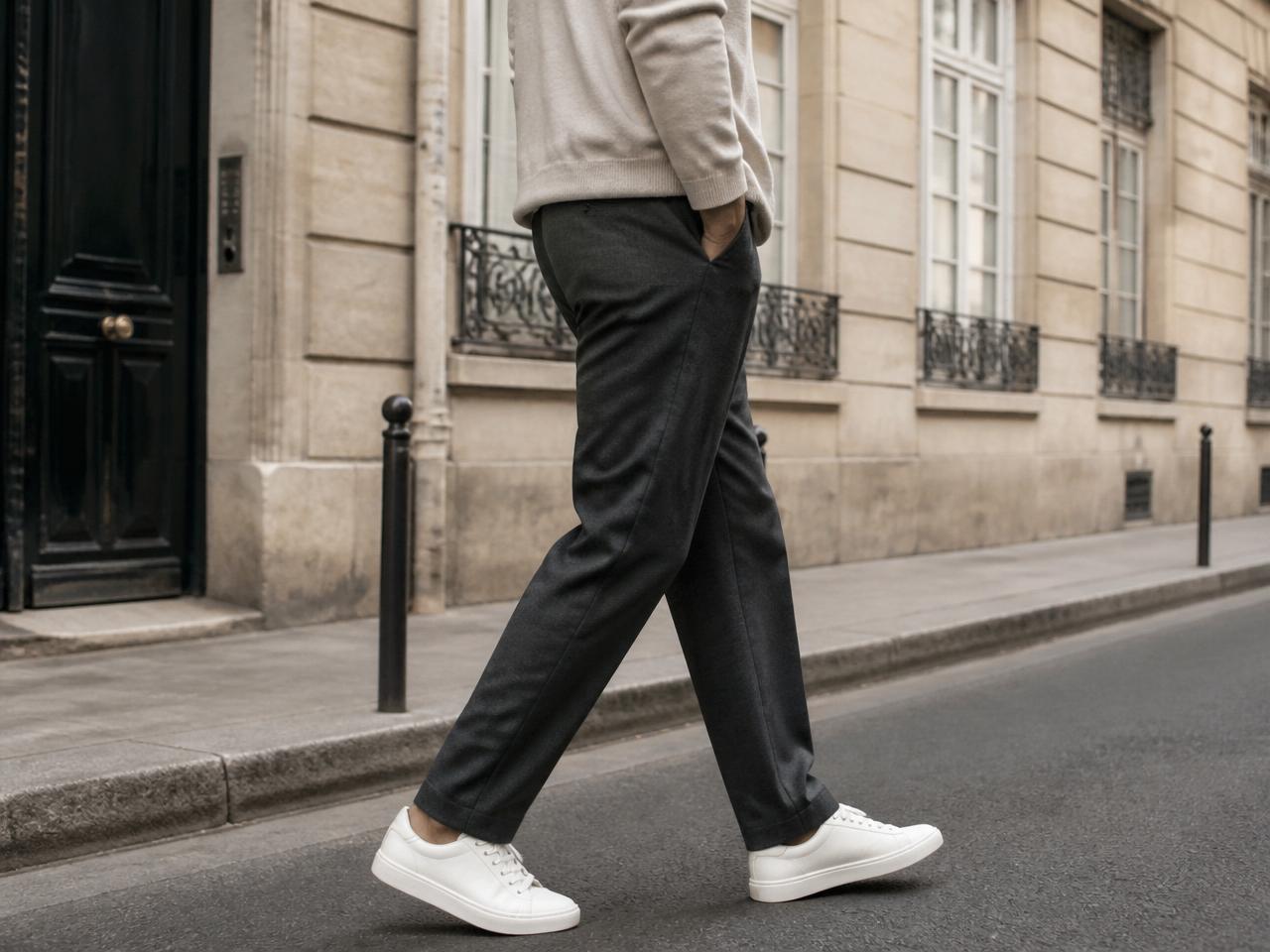 Men's minimalist white leather sneakers styled with charcoal wool trousers for an elegant work outfit — Miréva sneaker inspiration