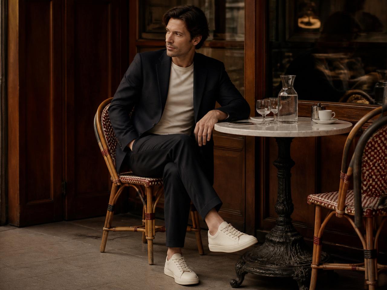 Men's minimal cream leather sneakers with a navy wool blazer and cream tee — elevated casual sneaker outfit from Miréva
