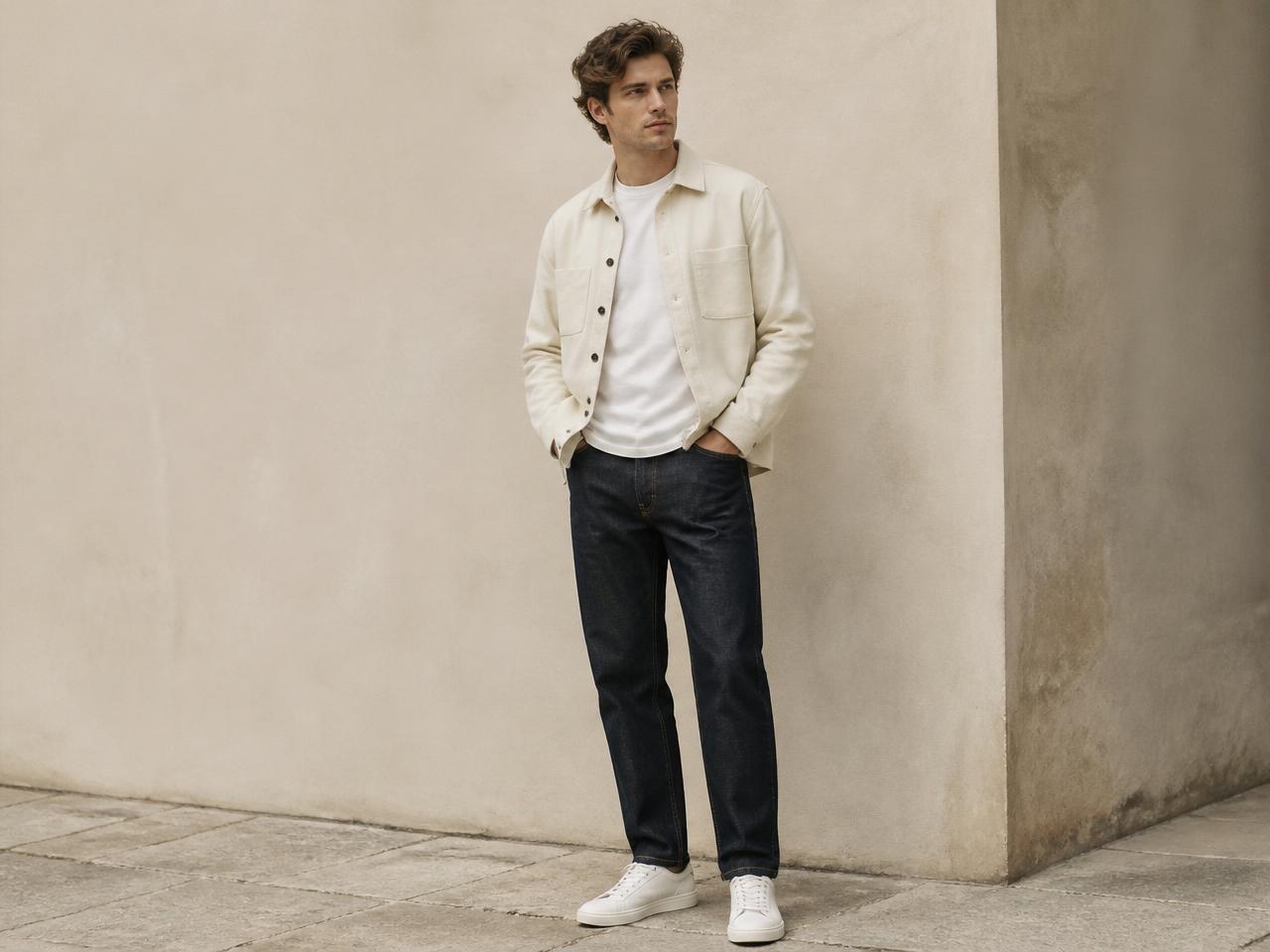 Men's chic white leather sneakers with indigo denim, a white tee, and a cream wool overshirt — refined everyday sneaker outfit from Miréva