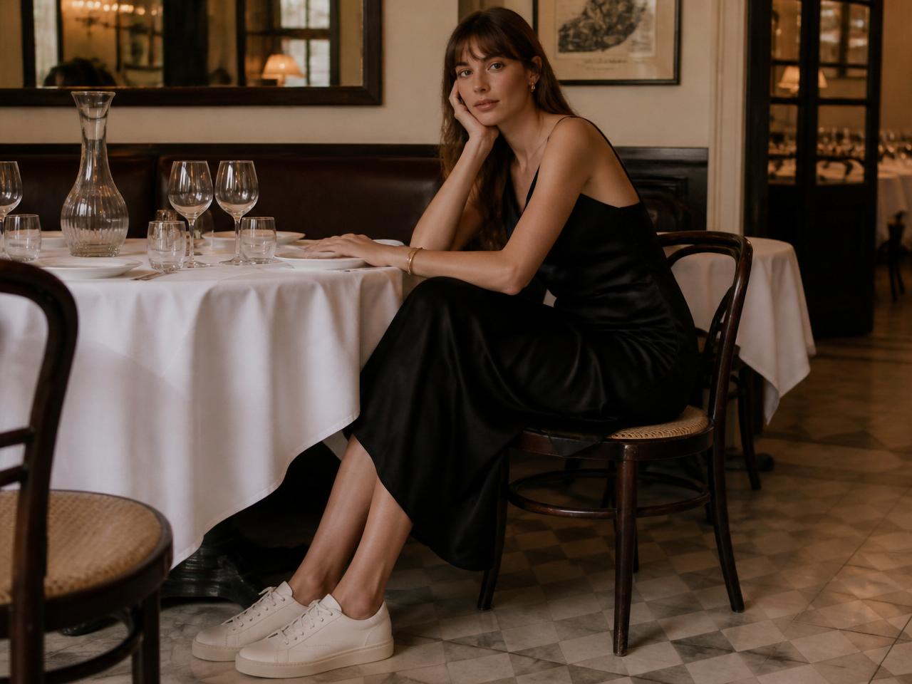Women's minimal cream leather sneakers paired with a black silk slip dress at a Parisian bistro — elegant dress-with-sneakers styling