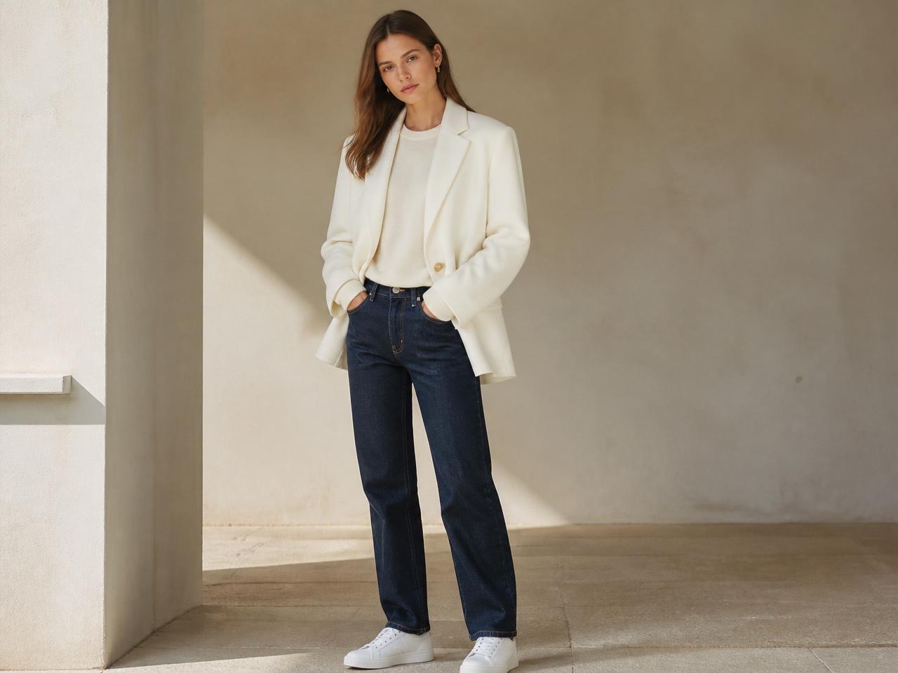 Women's chic white leather sneakers with straight indigo denim and an ivory wool blazer — elevated casual sneaker styling from Miréva