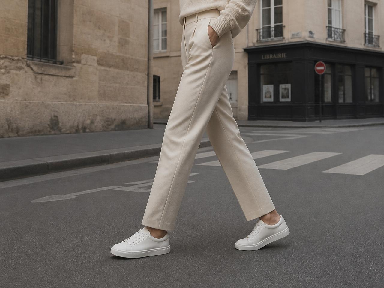 Women's minimalist white leather sneakers styled with cream tailored wool trousers for a polished office outfit — Miréva sneaker inspiration