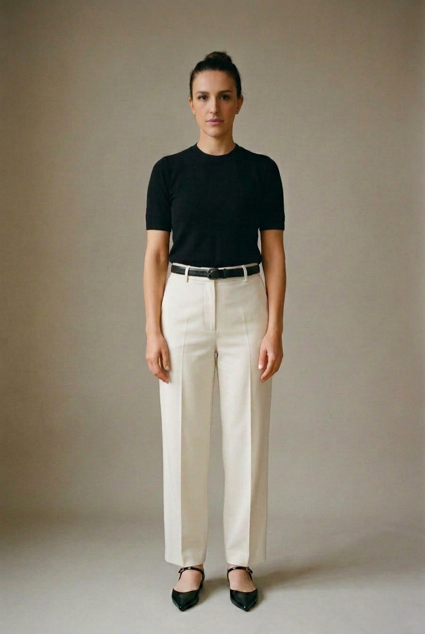 Woman in a black knit top, cream trousers and black pointed leather flats, head to toe.