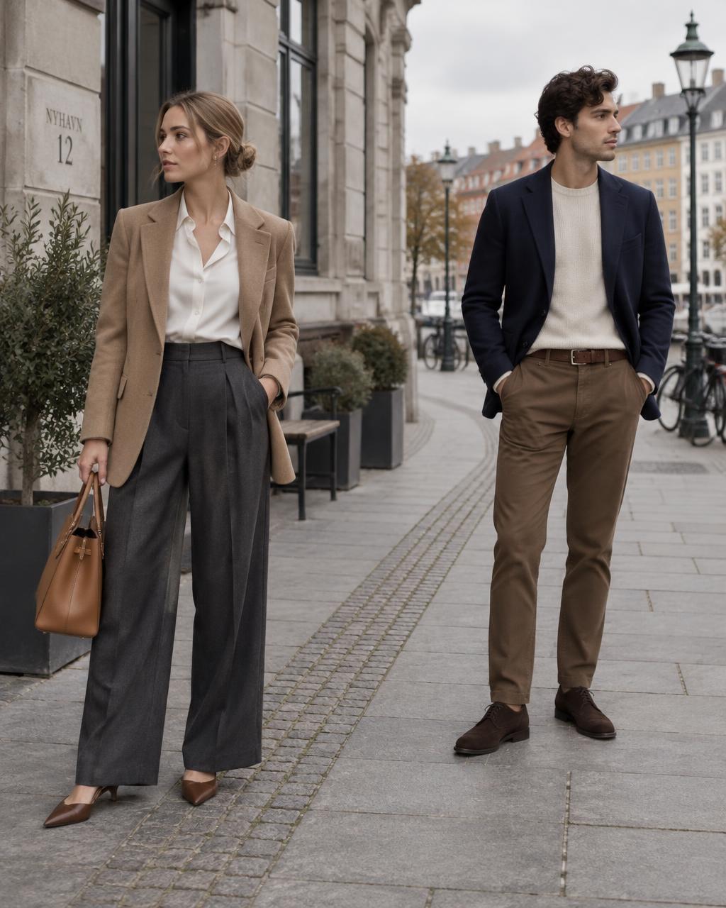 A woman and a man standing apart on a Copenhagen street in early autumn — she in a camel wool blazer, ivory shirt, charcoal wide-leg trousers, chestnut slingbacks and a tan handbag; he in a navy blazer over a cream knit with tobacco chinos and brown suede derby shoes