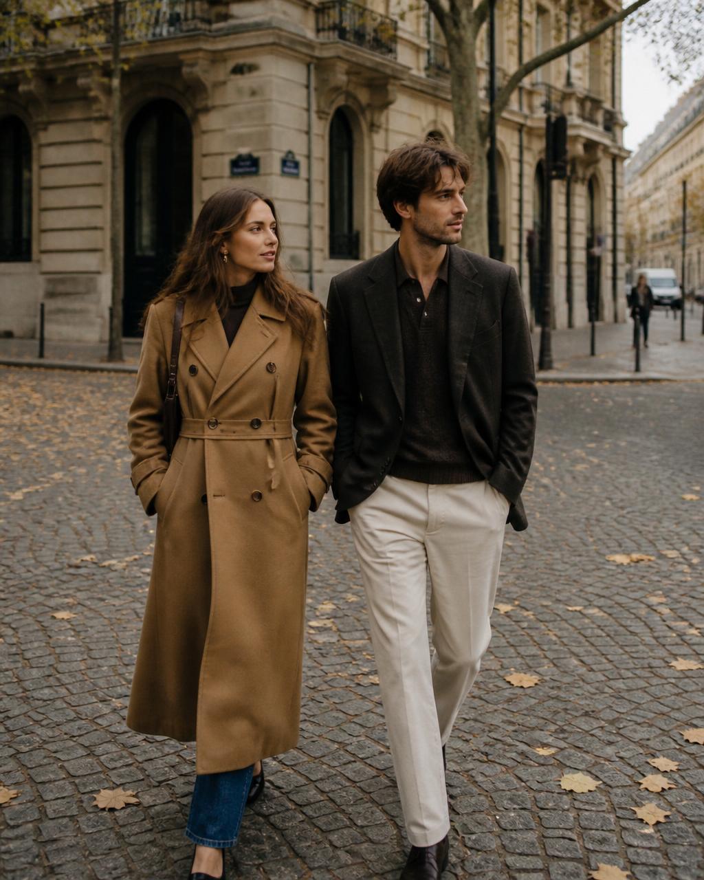 A couple in transitional layers crossing an early-autumn cobblestone square — wool trench, relaxed blazer, muted daylight