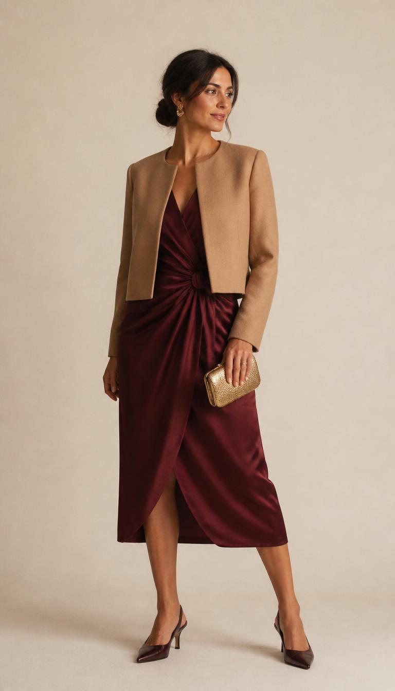 Woman in a burgundy silk wrap midi dress, camel cropped jacket and burgundy pointed slingback heels, head to toe.
