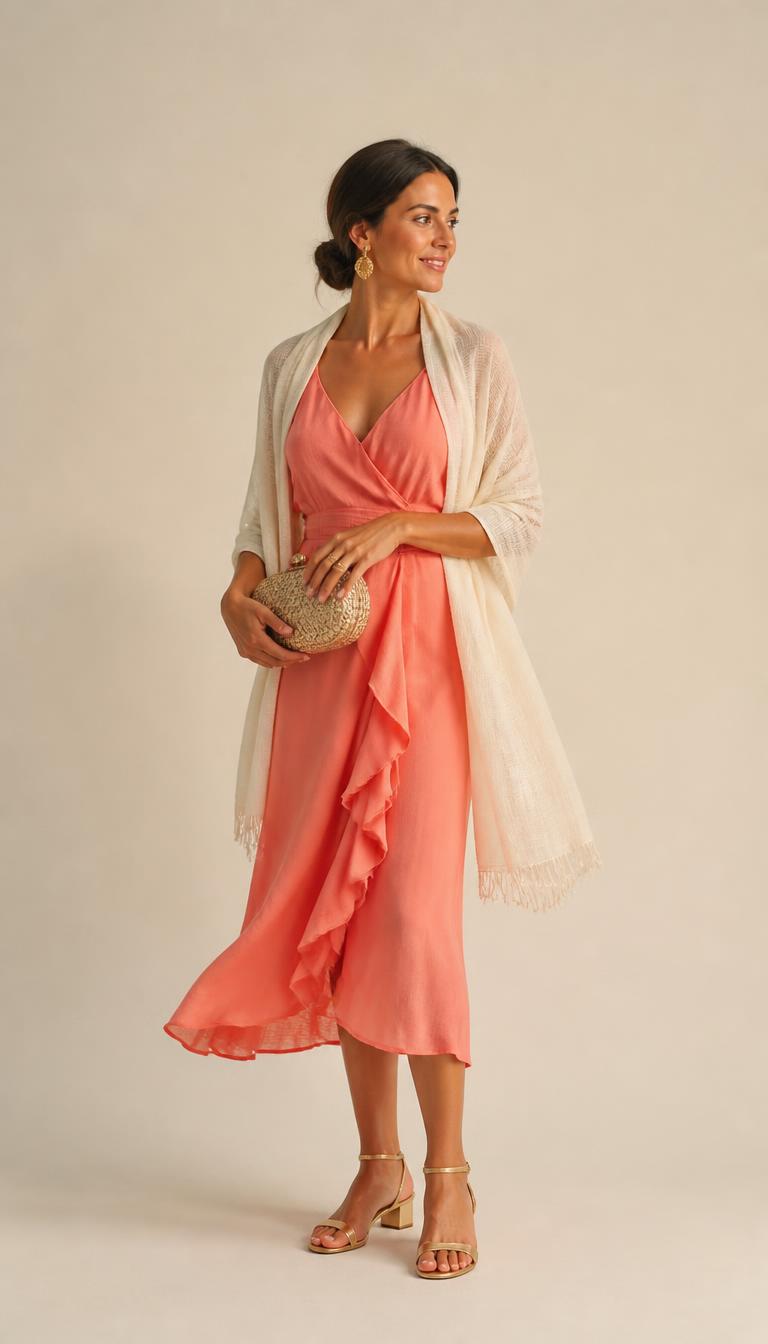 Woman in a coral silk-chiffon midi dress, ivory pashmina and metallic gold low block-heel sandals, head to toe.