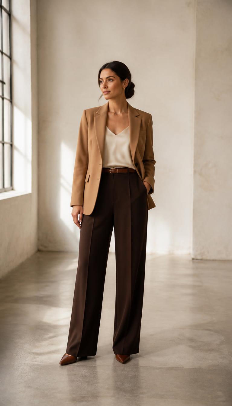 Woman in a camel blazer, ivory silk top, chocolate wide-leg trousers and cognac pointed heels, head to toe.