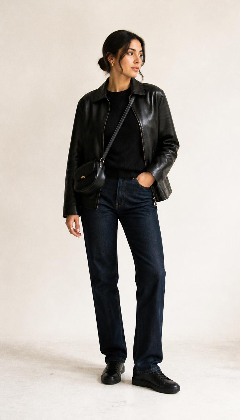 Woman in a black fine knit, black leather jacket, dark indigo straight-leg jeans and black leather sneakers, head to toe.