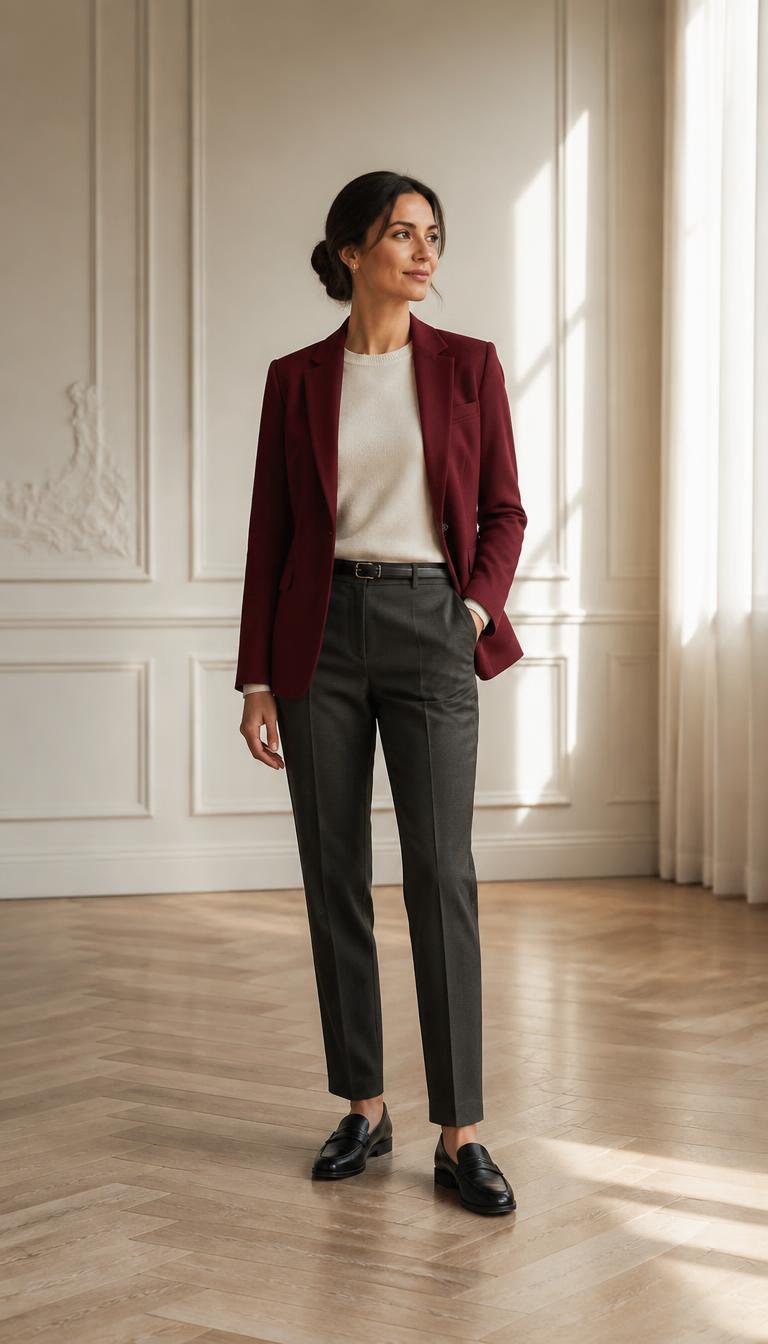 Woman in a burgundy blazer, ivory knit, charcoal tailored trousers and black leather loafers, head to toe.