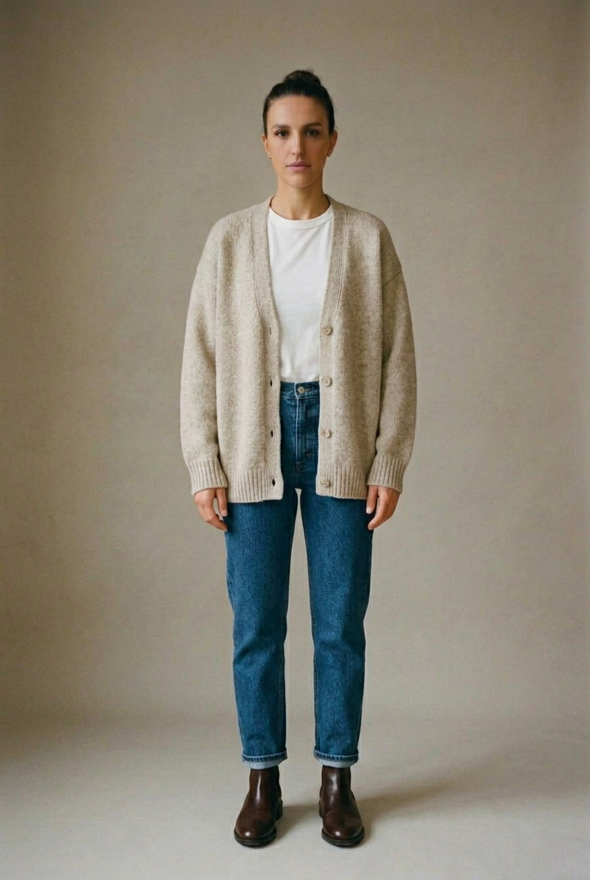 Woman in an oatmeal cardigan, white tee, straight denim and brown Chelsea boots, head to toe.