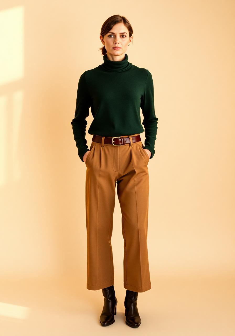 Woman in a forest-green wool roll-neck, camel wide-leg trousers with a dark brown belt and espresso pointed ankle boots, head to toe.