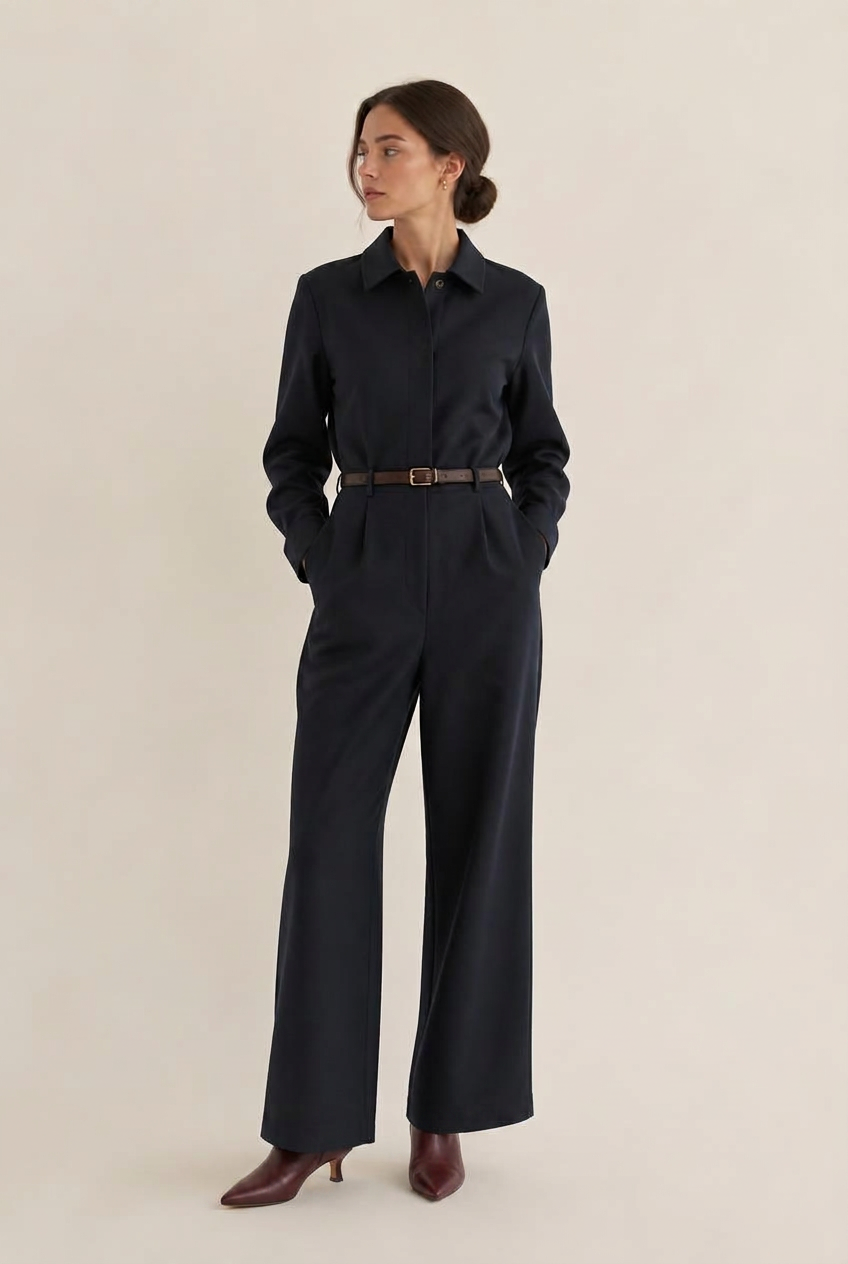 Woman in a navy long-sleeved wool jumpsuit with a brown belt and burgundy pointed ankle boots, head to toe.