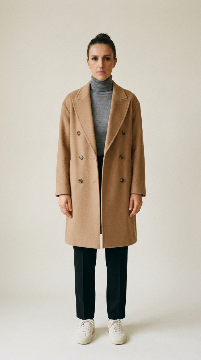 Woman in an open camel wool coat, grey merino roll-neck, black straight-leg trousers and off-white leather sneakers, head to toe.