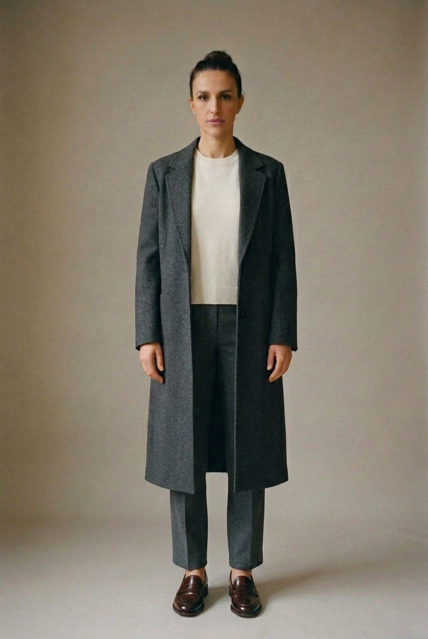 Woman in a charcoal wool coat, ivory knit, grey trousers and dark brown leather loafers, head to toe.