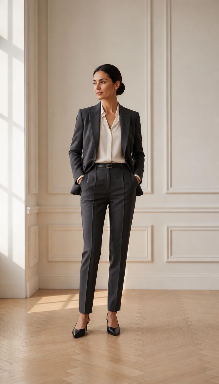 Woman in a charcoal tailored trouser suit, ivory silk blouse and black pointed slingback pumps, head to toe.