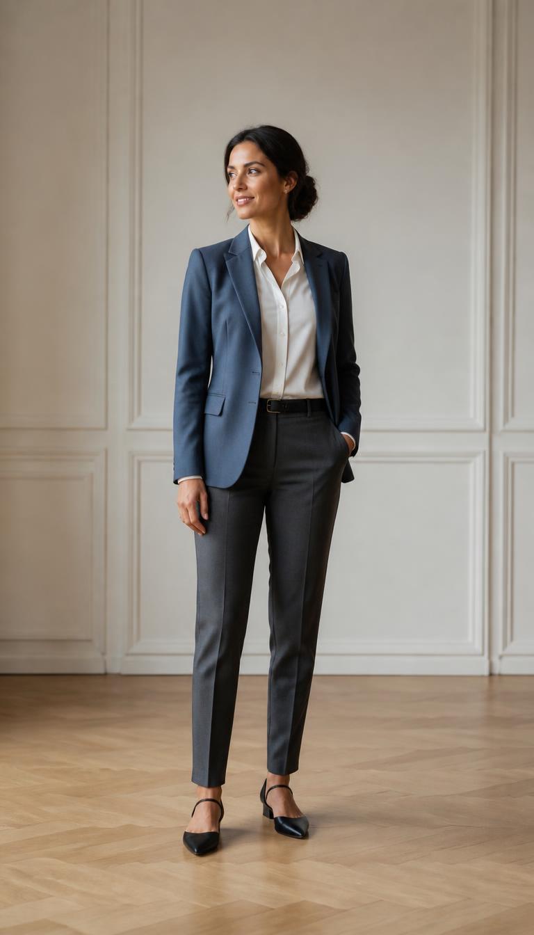 Woman in a steel-blue blazer, ivory shirt, charcoal tailored trousers and black pointed d'Orsay flats, head to toe.
