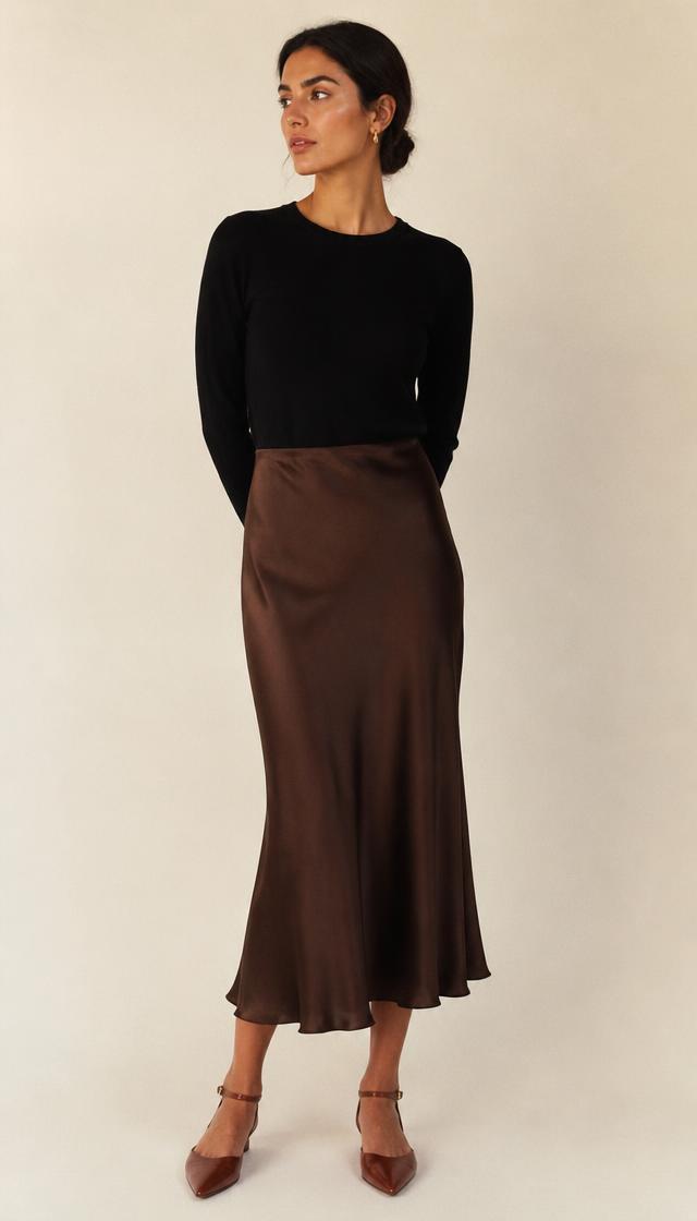Evening skirt outfit with burgundy slingback, head to toe