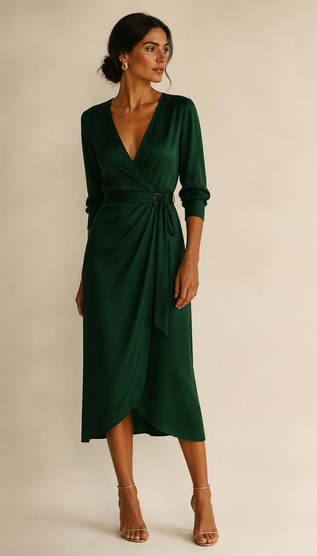 Woman in a deep emerald silk wrap midi dress with a fine belt and champagne strappy heeled sandals, head to toe.