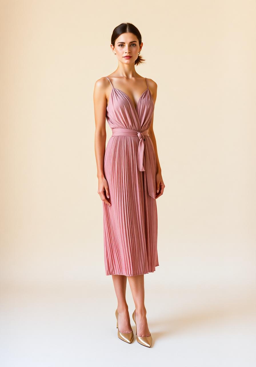 Woman in a dusty rose pleated silk midi dress with a fine self belt and champagne pointed slingback heels, head to toe.