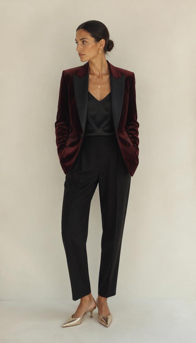 Woman in a burgundy velvet tuxedo blazer, black silk camisole, black tailored trousers and gold pointed mules, head to toe.