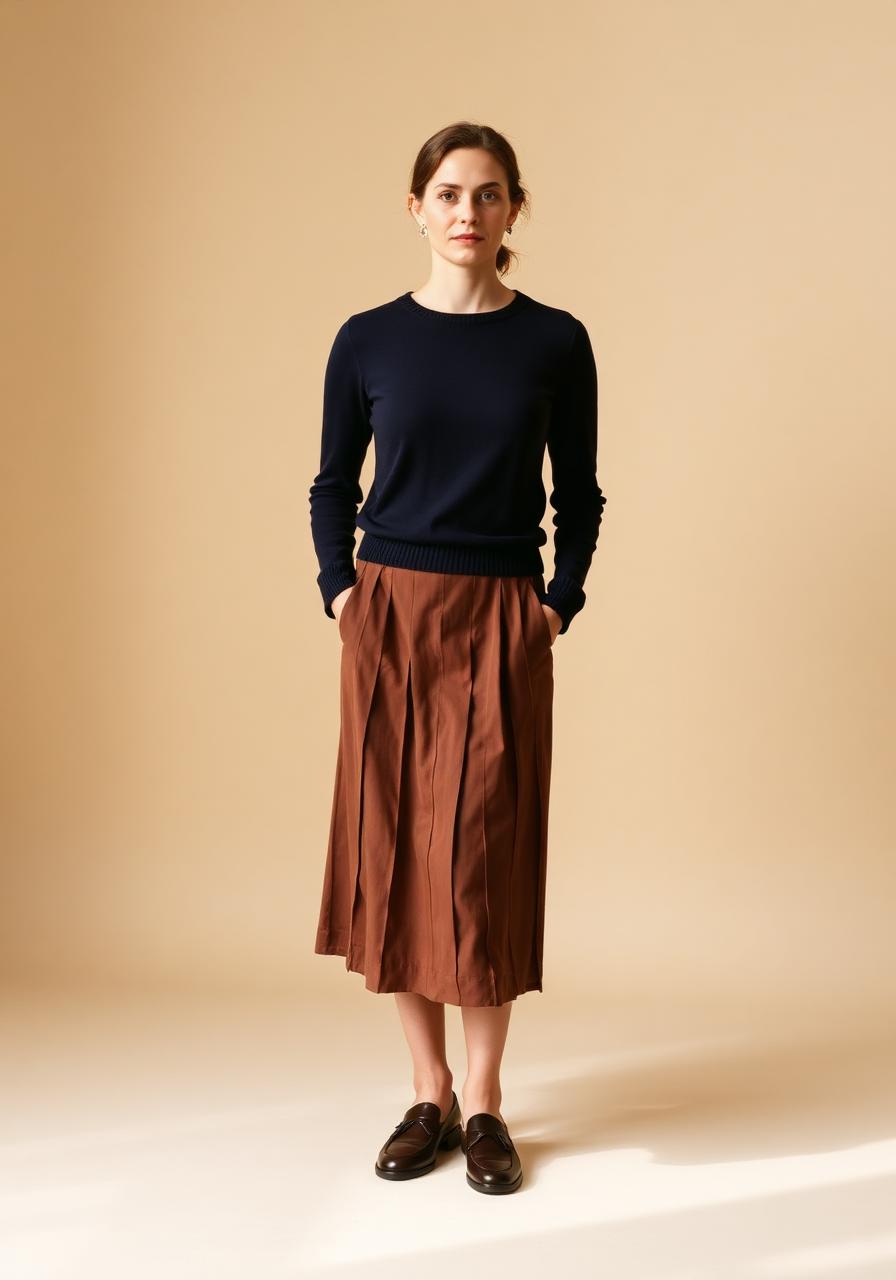Woman in a navy crewneck knit, chocolate pleated midi skirt and dark brown leather loafers, head to toe.