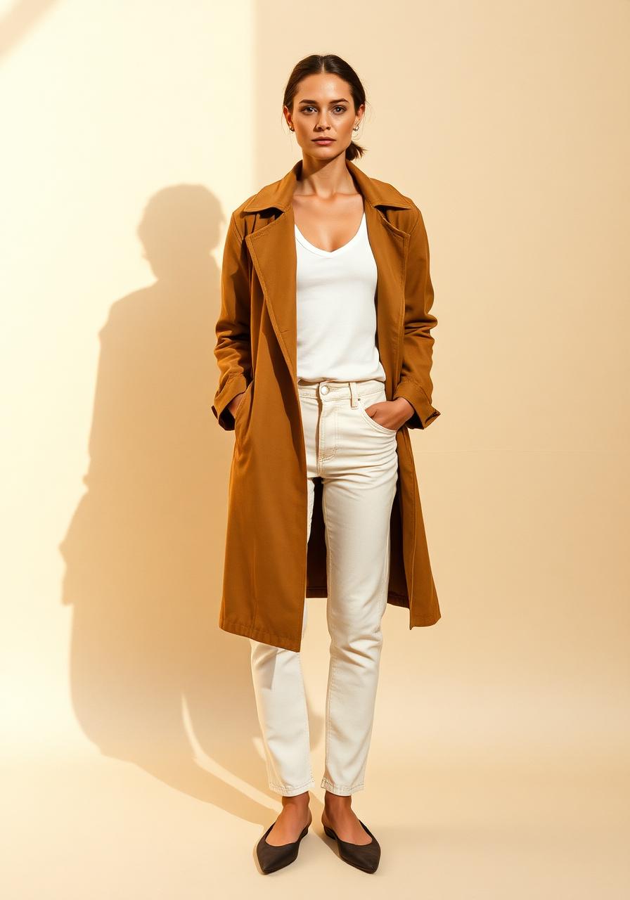 Woman in an open camel trench, white tee, ecru jeans and taupe suede pointed d'Orsay flats, head to toe.