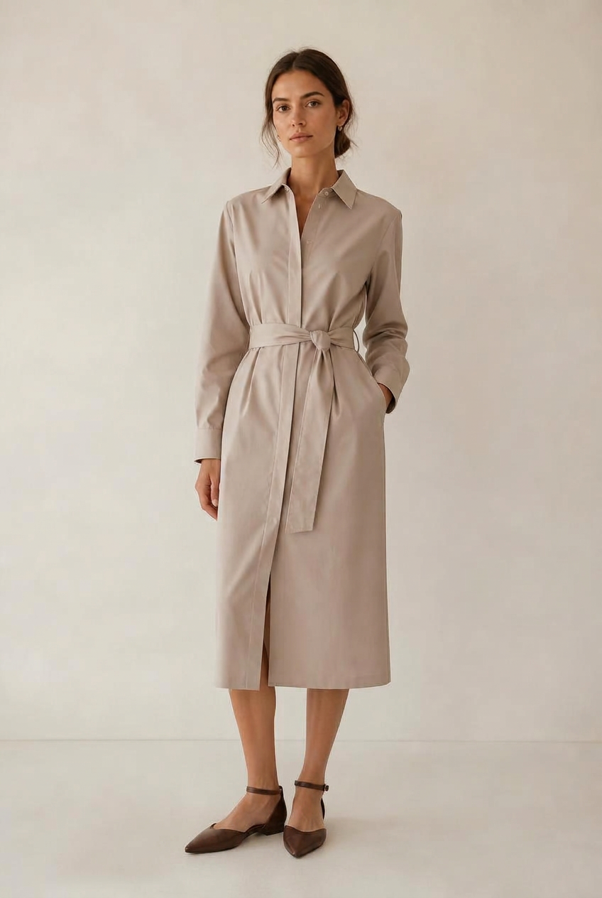 Woman in a belted stone shirt dress below the knee with chocolate brown pointed d'Orsay flats, head to toe.