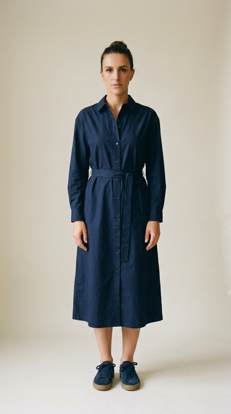 Woman in a belted navy cotton midi shirt-dress with navy suede low-top sneakers, head to toe.
