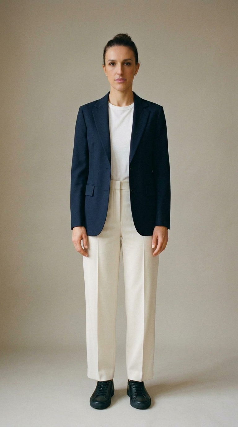 Woman in an open navy tailored blazer, white cotton tee, cream wide-leg trousers and black leather low-top sneakers, head to toe.