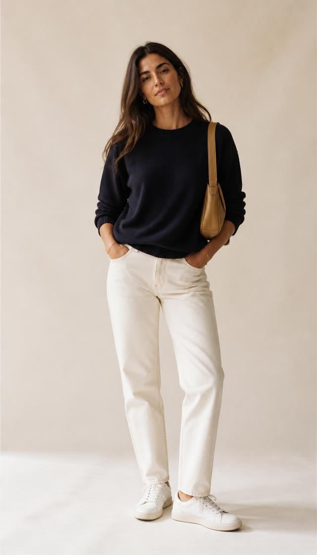 Woman in a navy crewneck knit, ecru straight-leg denim and white leather sneakers, head to toe.