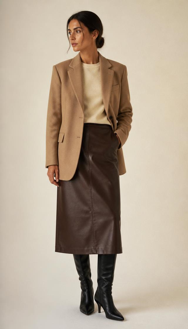 Woman in a camel wool blazer, ivory knit, chocolate leather midi skirt and black knee-high boots, head to toe.