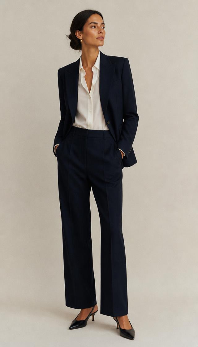 Full-length photograph of a woman in a soft tailored suit, shoes visible.