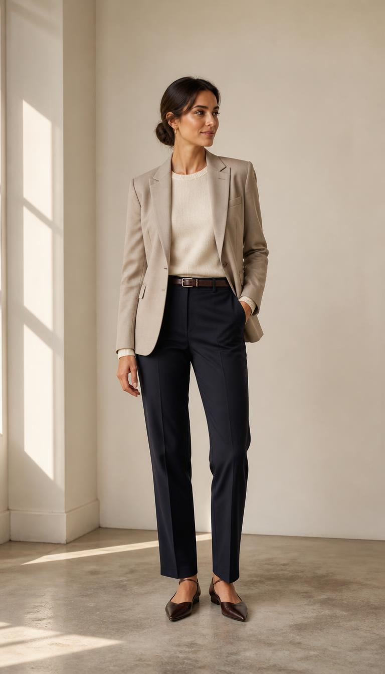 Woman in a stone blazer, cream knit, navy tailored trousers and dark brown pointed d'Orsay flats, head to toe.