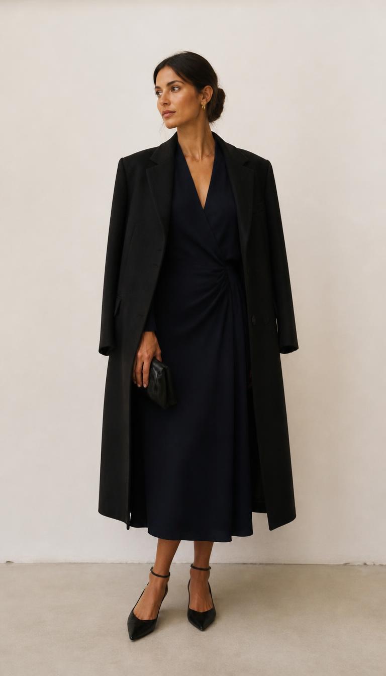 Woman in an ink-blue fluid crepe midi dress, long dark tailored coat and black pointed d'Orsay heels, head to toe.