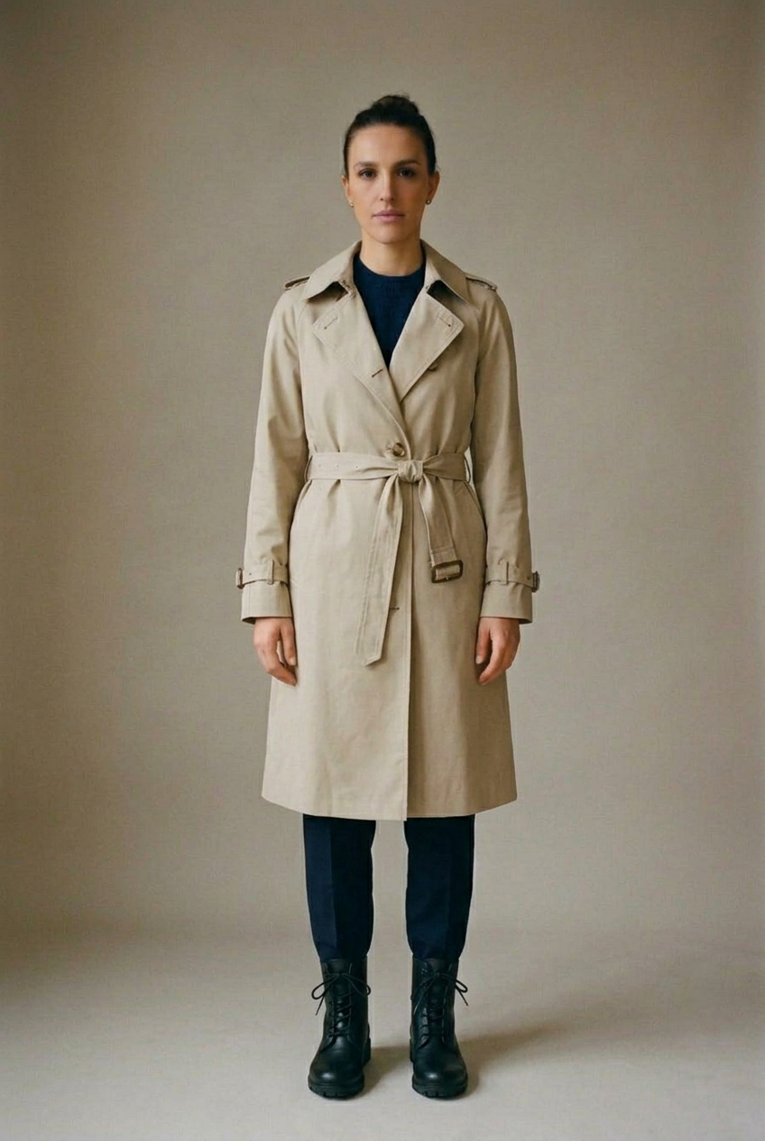 Woman in a belted stone trench, navy knit, navy trousers and black rain boots, head to toe.