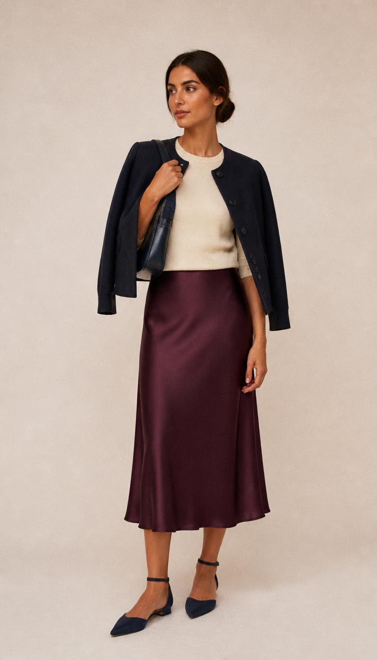 Woman in a cream knit, plum satin midi skirt, navy jacket and navy pointed d'Orsay flats, head to toe.