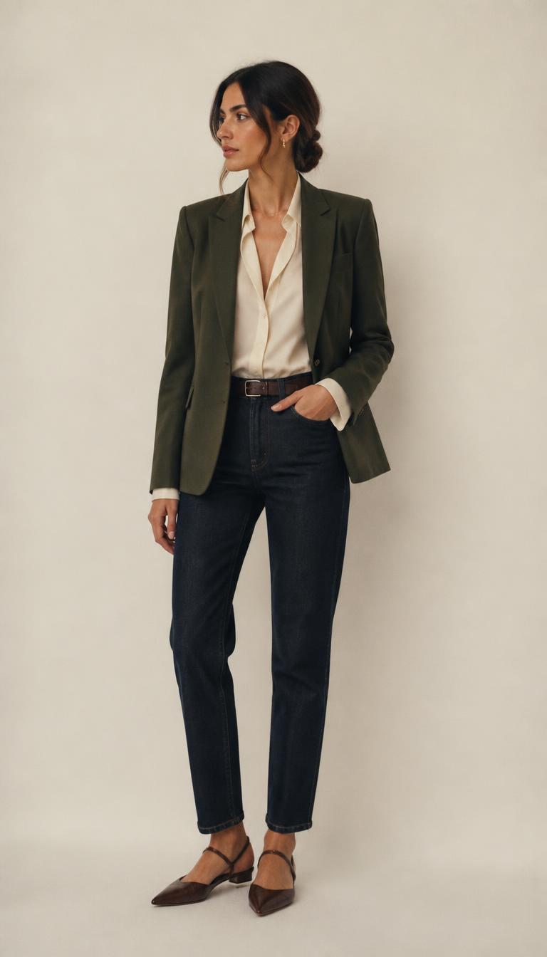 Woman in an olive blazer, ivory silk blouse, dark denim and chocolate pointed d'Orsay flats, head to toe.