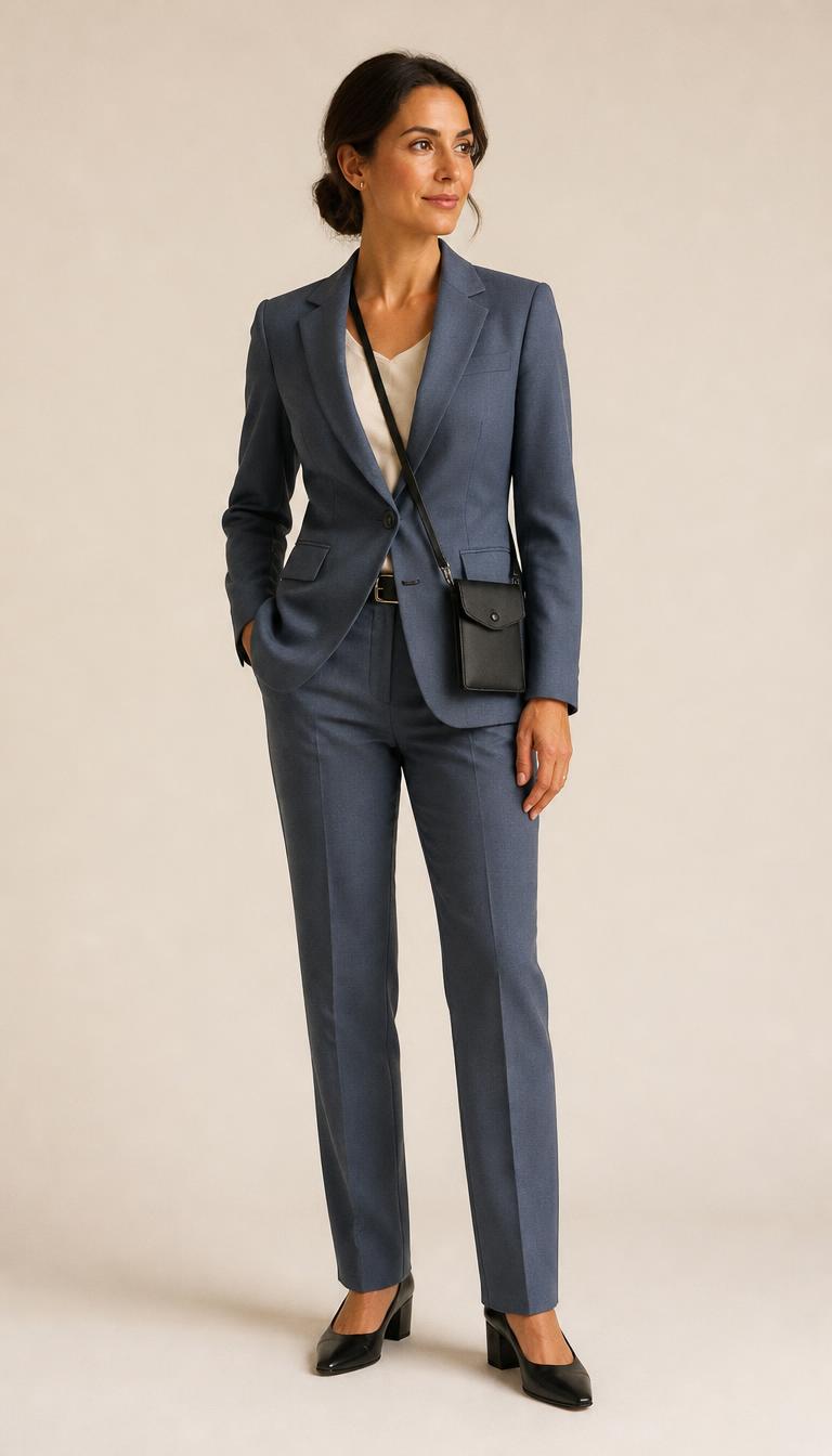 Woman in a steel-blue trouser suit, ivory shell and black pointed low block-heel pumps, head to toe.