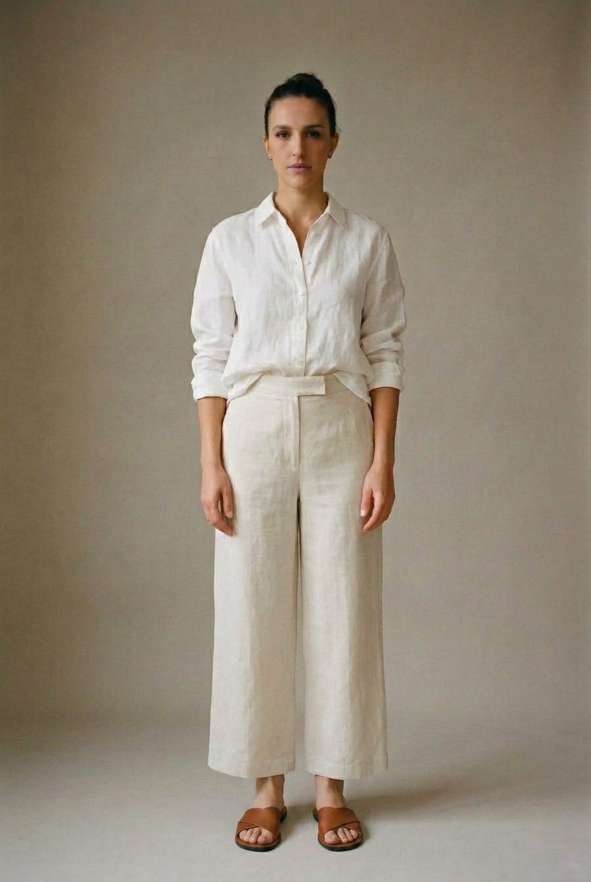 Woman in a white linen shirt, wide ecru linen trousers and cognac leather slide sandals, head to toe.