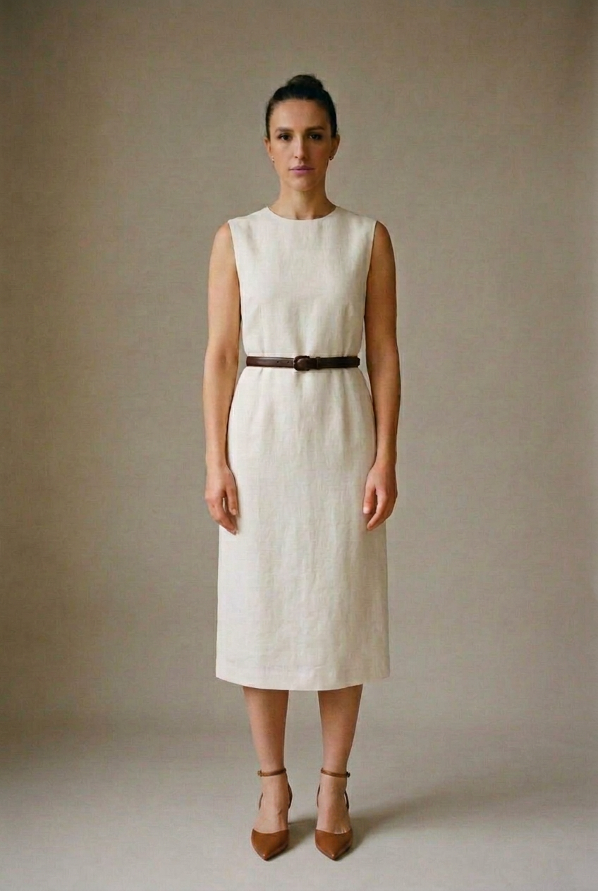 Woman in an ecru linen midi dress with a brown leather belt and cognac pointed d'Orsay pumps with a slim ankle strap, head to toe.