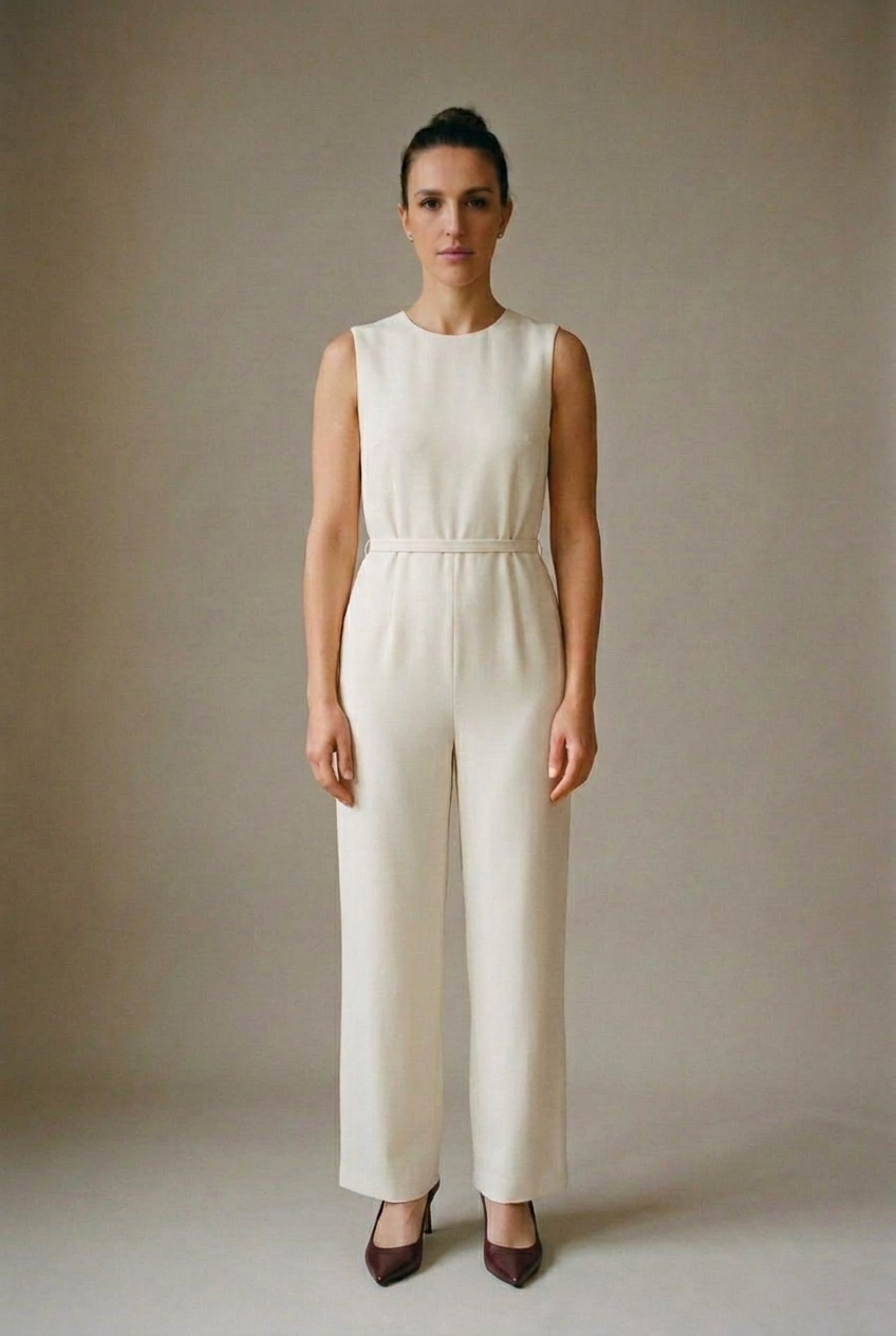 Woman in an ivory tailored sleeveless wide-leg jumpsuit with a slim belt and burgundy pointed pumps, head to toe.