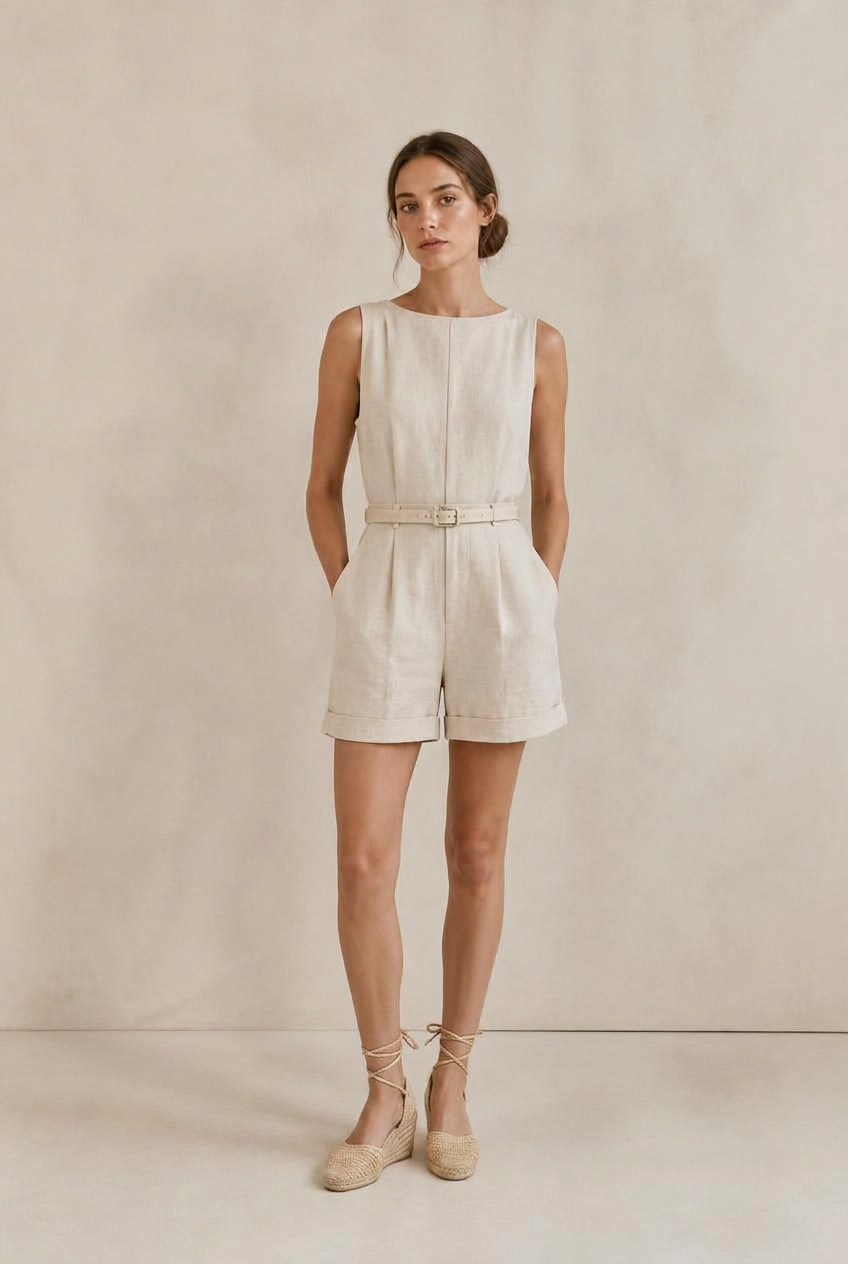Woman in a sleeveless ecru linen short jumpsuit with a slim belt and raffia espadrille wedge sandals, head to toe.