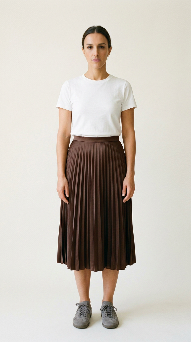 Woman in a white cotton tee tucked into a chocolate pleated midi skirt with grey suede low-top sneakers, head to toe.