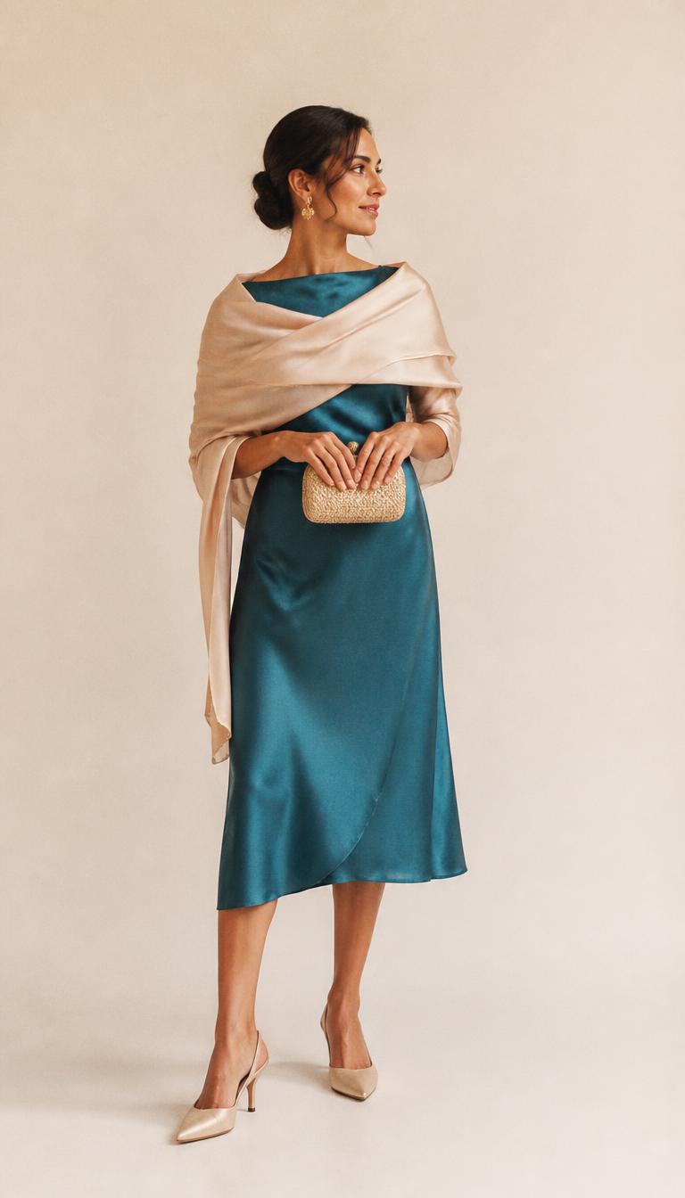Woman in a teal silk midi dress, champagne shawl and champagne pointed slingback heels, head to toe.