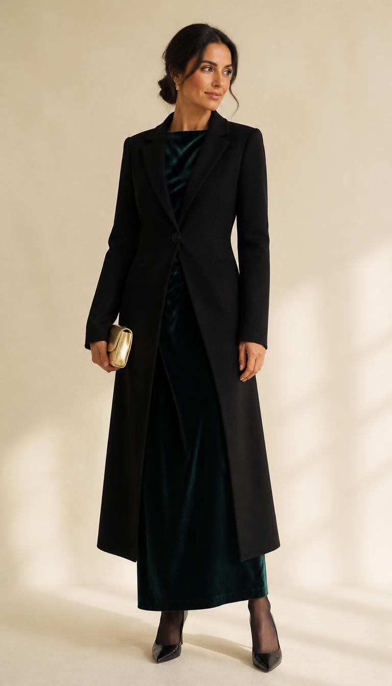 Woman in a deep forest velvet long dress, black wool evening coat and black pointed pumps, head to toe.