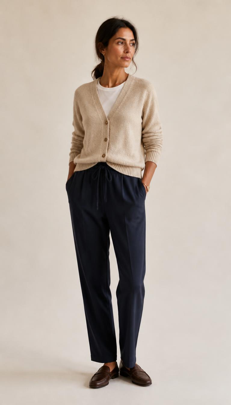 Full-length photograph of an everyday at-home outfit, shoes visible.