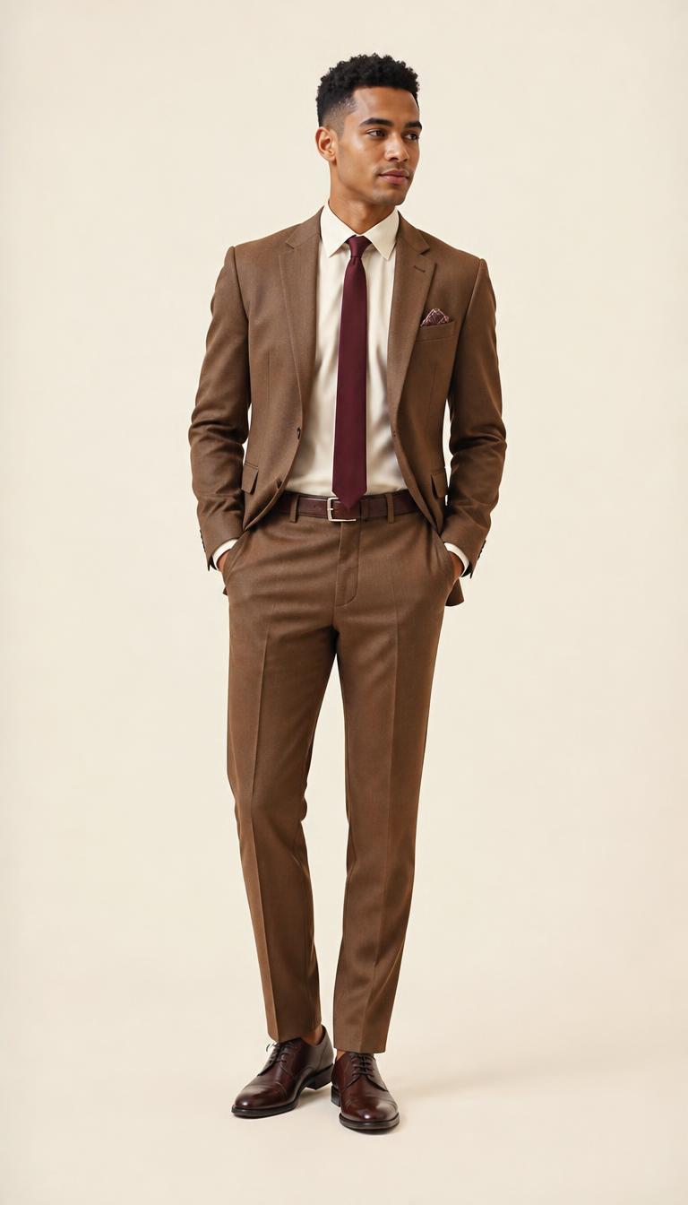 Man in a tobacco-brown wool trouser suit, ivory shirt and dark brown leather derbies, head to toe.