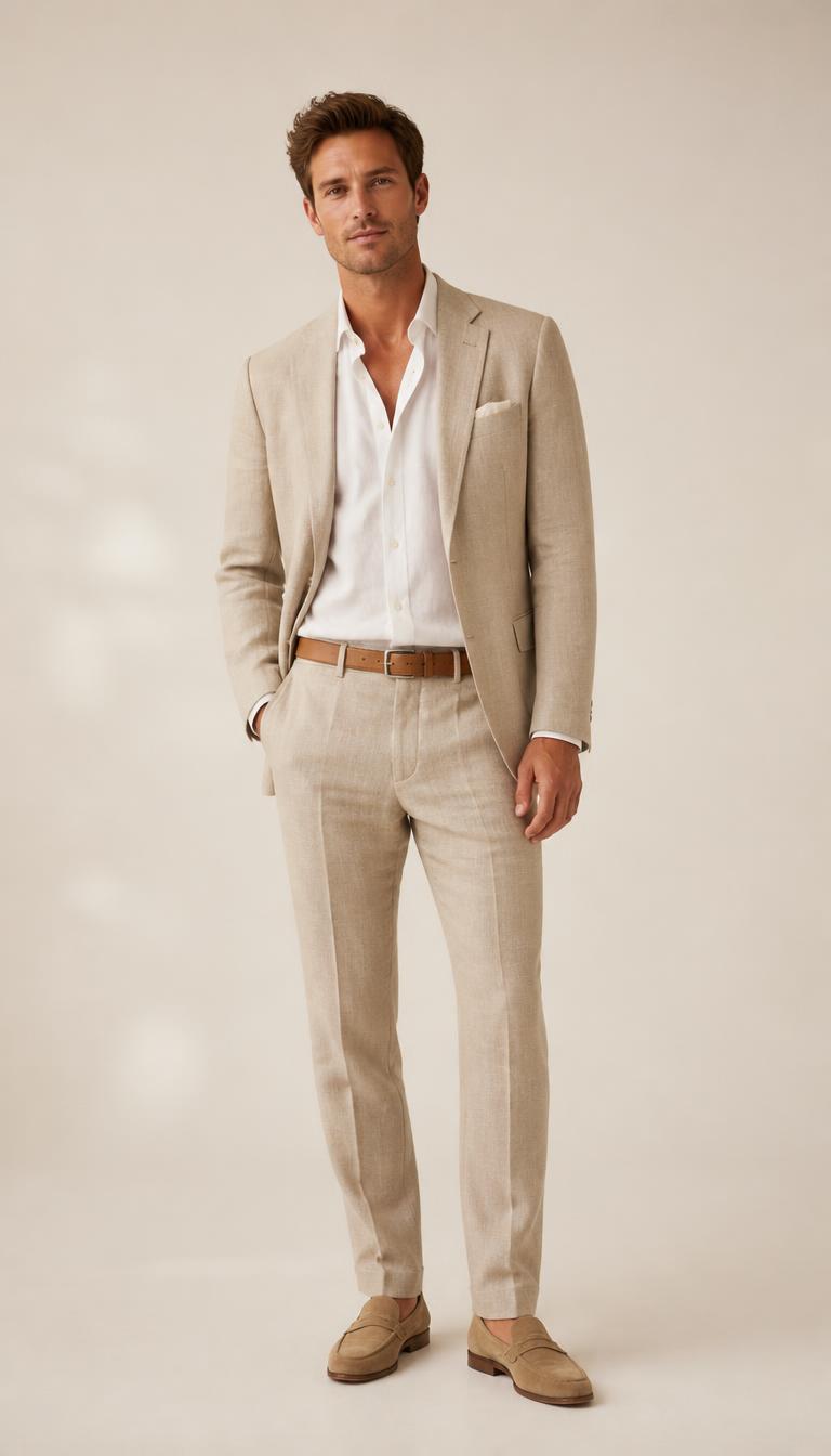 Man in a sand linen trouser suit, white linen shirt and tan suede loafers, head to toe.