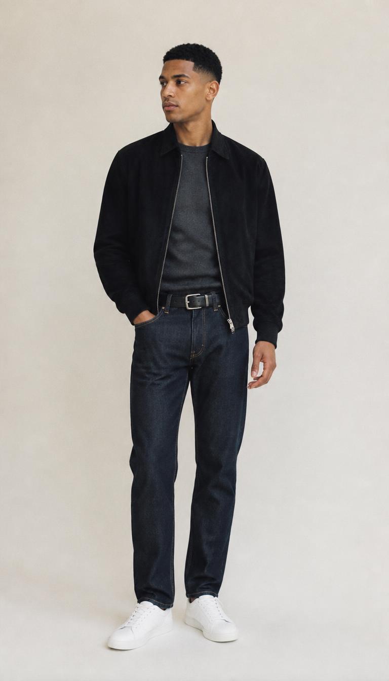 Man in a charcoal knit, black suede bomber, dark indigo jeans with a black belt and white leather sneakers, head to toe.